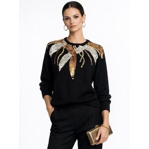 Vintage Sequin Silk Blend Sweater Black Gold Silver Glam Party Knit